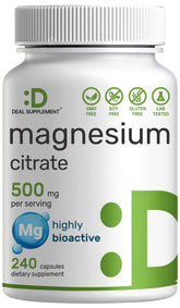 Bottle of DEAL SUPPLEMENT Magnesium Citrate 500mg, 240 capsules